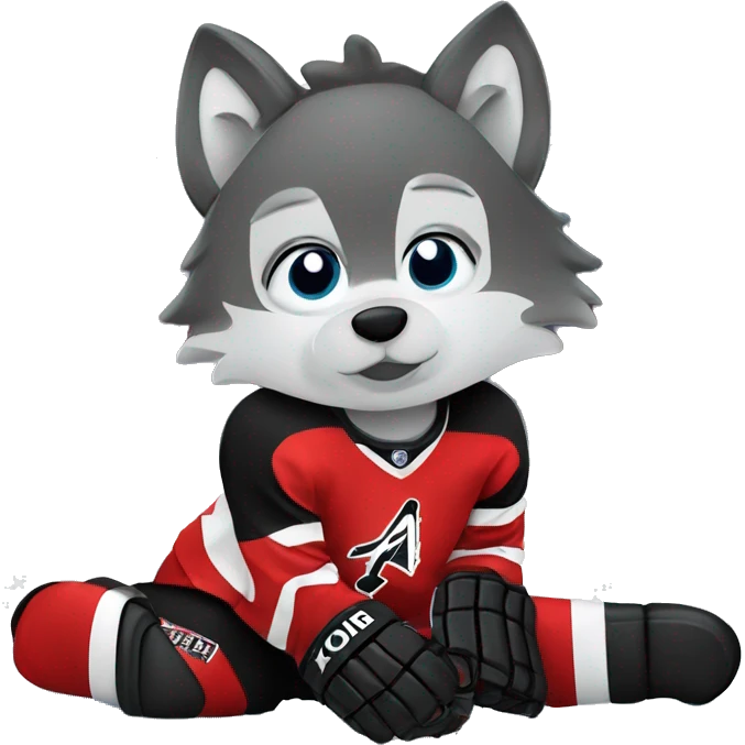 A wolf hockey player lies on the ice in a red white and black uniform A wolf hockey player lies on the ice in a red white and black uniform emoji