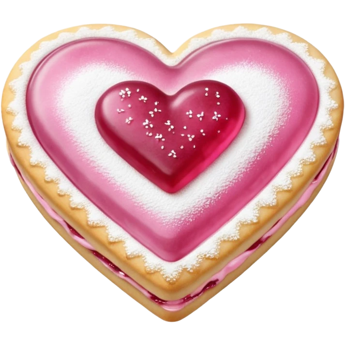 Realistic shortbread cookie in the shape of a heart with pink jelly middle filling and sprinkled powder sugar on top. emoji