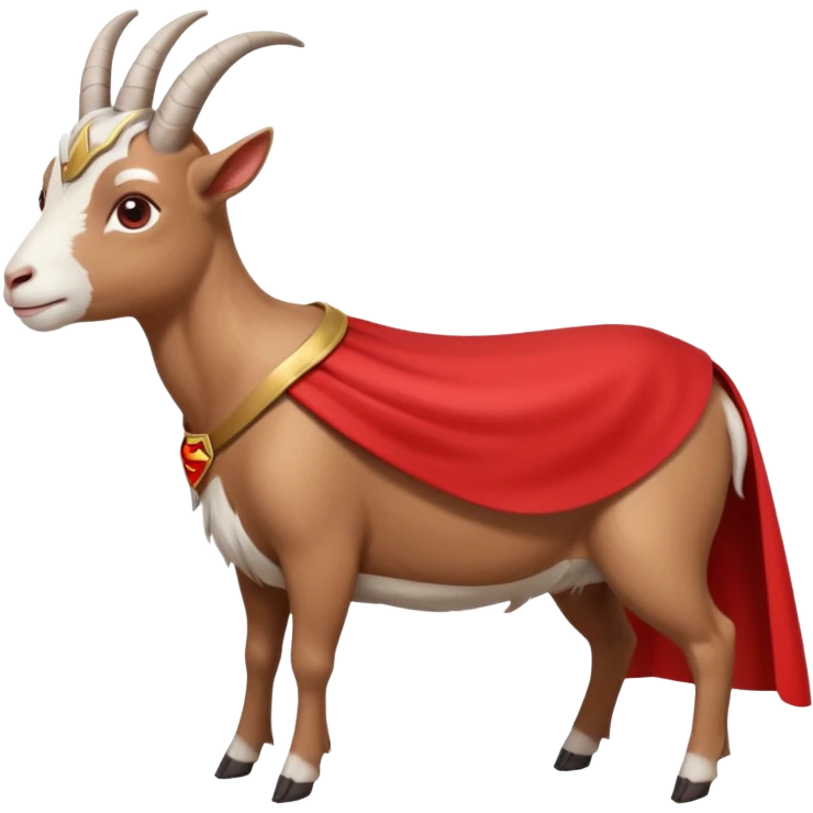 side view of white female goat wearing a read cape like superman emoji