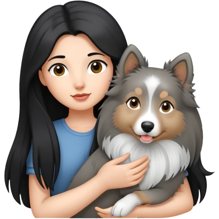 A girl with long black hair holding a gray Shetland Sheepdog emoji