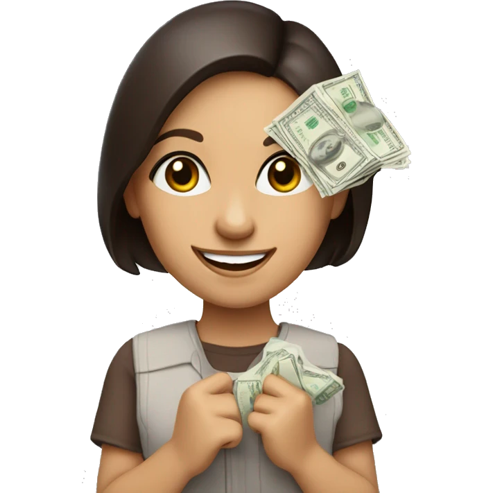 brunette girl with brown eyes smile holds paper dollars in her hands emoji
