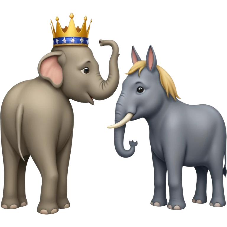 Democratic Party elephant facing Republican Party donkey with King Trump inbetween emoji