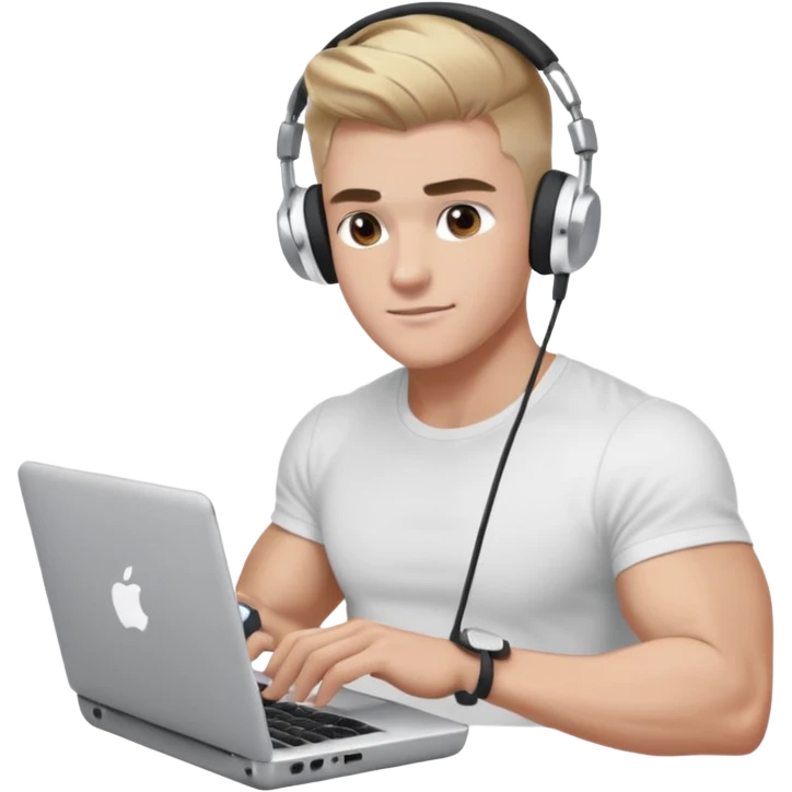 парень диджей накаченный молодой с диджейский пультом и ноутбуком красивый парень со светлыми волосами и черно кориченывыми глазамами и в наушниках apple airpods белых, в белой футболке emoji