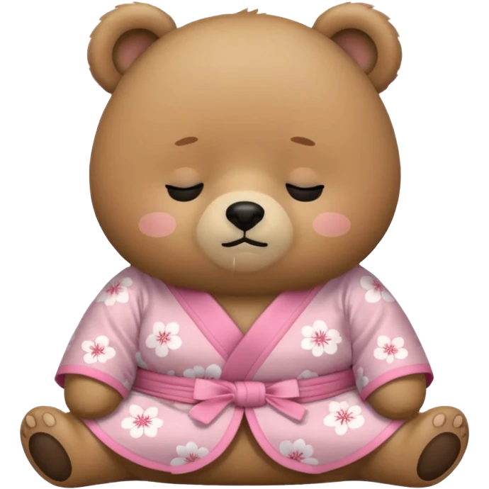 A cute chubby light-brown bear wearing a pastel pink sakura-patterned kimono, tiny body and big round head, adorable simple face, sleepy half-closed eyes, small blush on cheeks, sitting while dozing off, tiny “zzz” floating above the head emoji