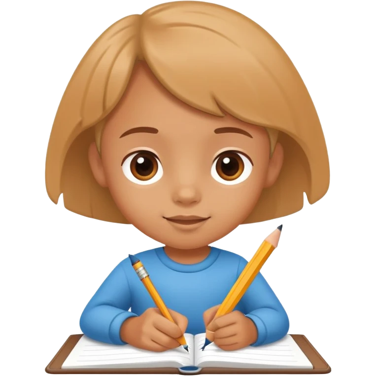 child writing in a notebook with a pencil, cheerful and focused emoji