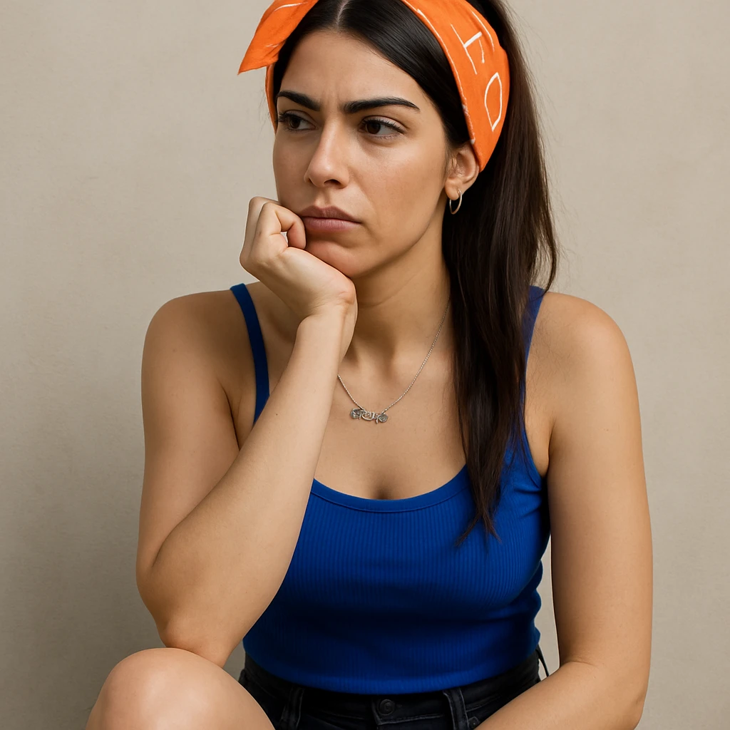 Create a hyperrealistic 4K image of a thoughtful woman, almost full figure, with her hand under her chin, inspired by the reference image. She has a reflective expression and a neutral background. This is variant 5 with a changed leg position. emoji