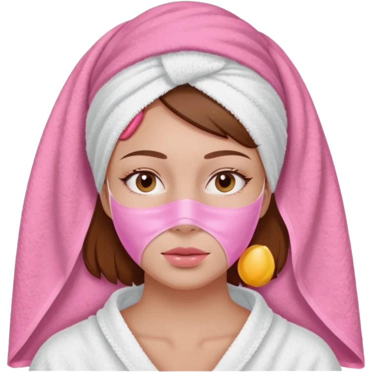 A woman with brown hair, a white towel wrapped around her head. Her face is covered with a pink skincare mask applied to the T-zone and cheeks emoji
