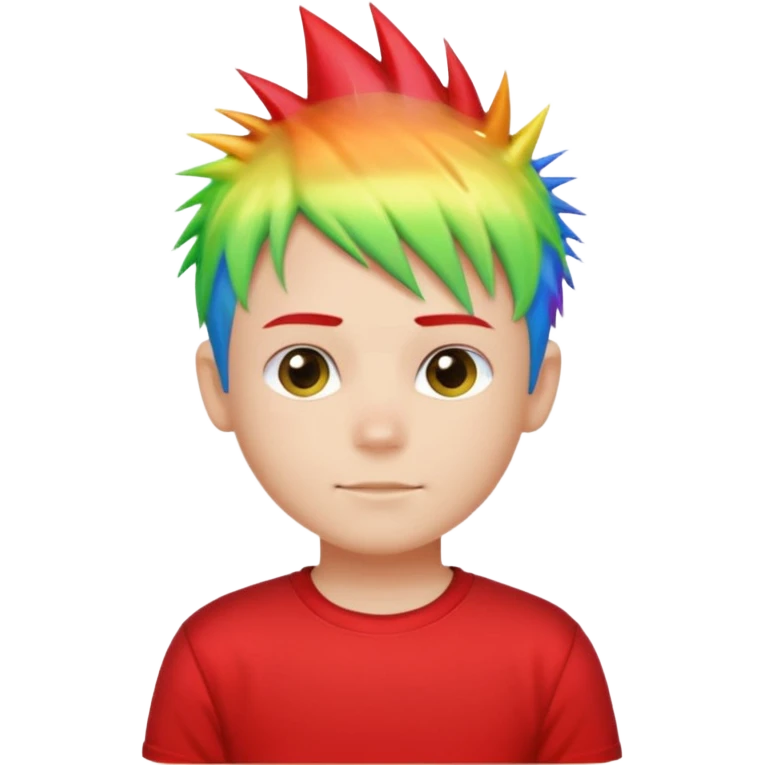Boy with rainbow streaks — short spiky hair glowing under light, red T-shirt emoji