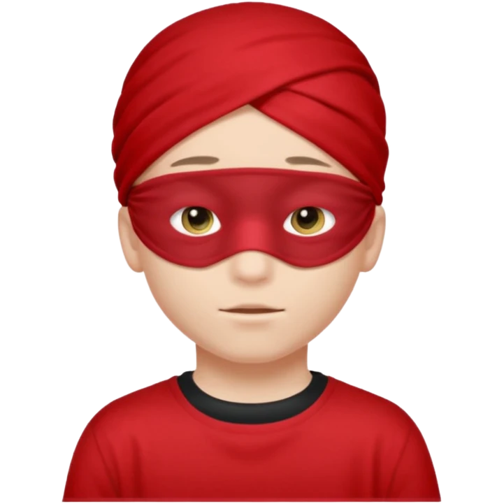 boy wearing red cloth over only eyes boy wears black t-shirt emoji