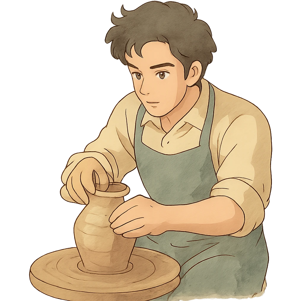 ghibli style man doing pottery, soft colors, detailed emoji