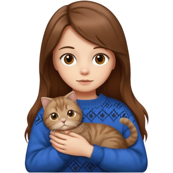 girl with long brown hair in a sweater holding a Scottish Fold cat, emoji style emoji