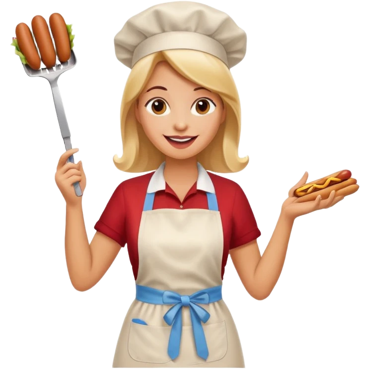 A cheerful woman selling hotdogs, waving a tongs in one hand. emoji