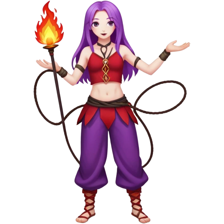 Full body Poi fire performer pale skin with long purple hair red clothes emoji