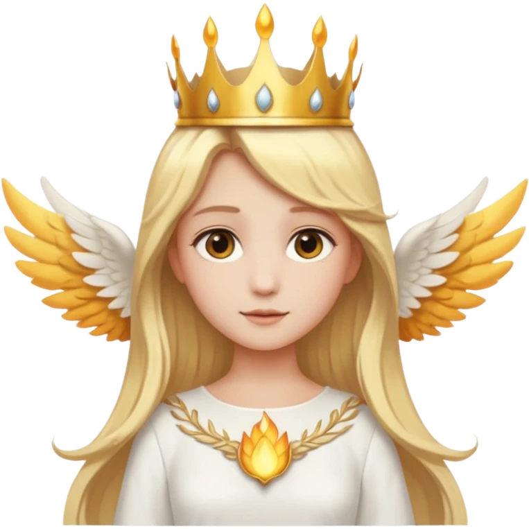 Emoji-style angel: blonde hair, golden flame-like crown, golden halo, large detailed white wings, white dress, soft cute emoji aesthetic. emoji