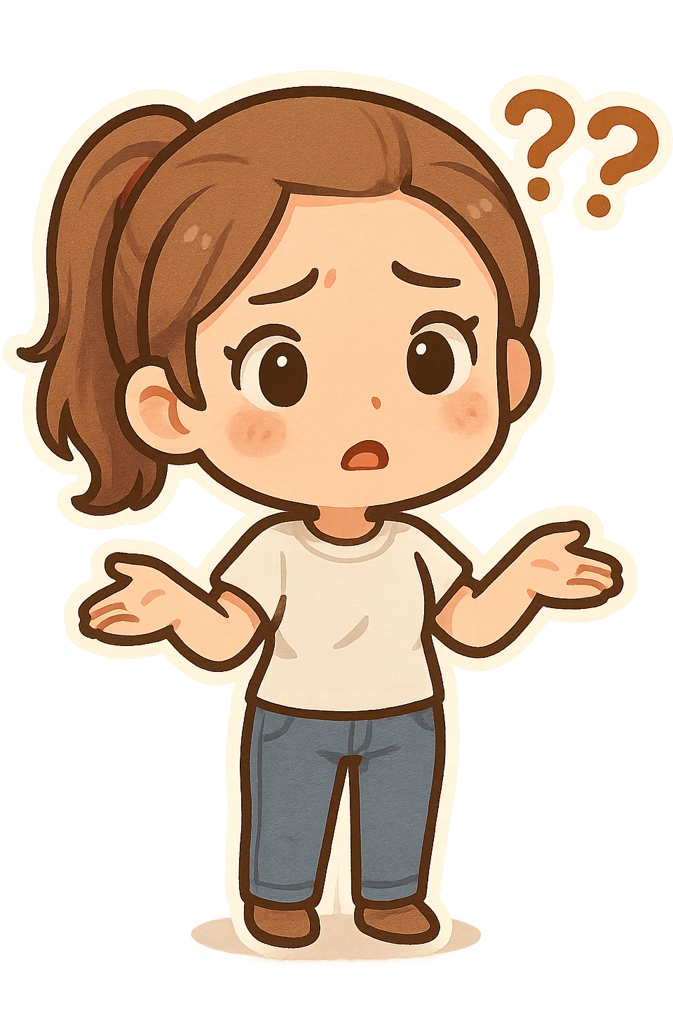 chibi-style woman with a ponytail, white t-shirt, jeans, and a confused look emoji