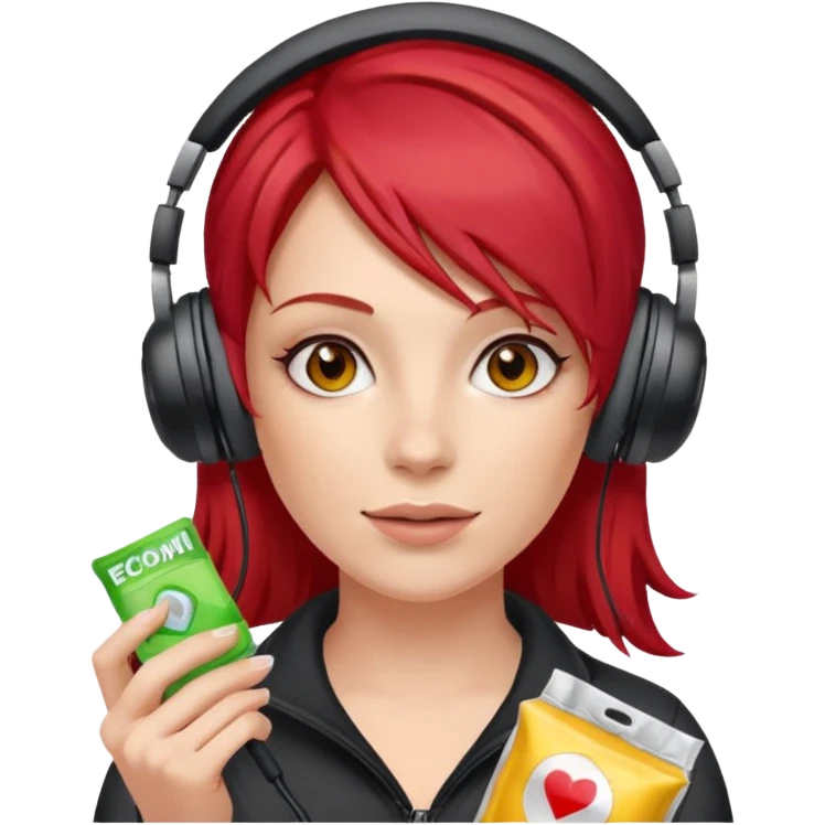 A woman with red hair and gaming headset holding a condom packets emoji