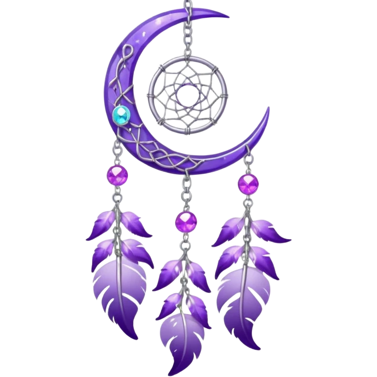 Aesthetic shiny sparkly violet crescent hanging from silver chain dreamcatcher-suncatcher hanging lilac crystals decoration  emoji