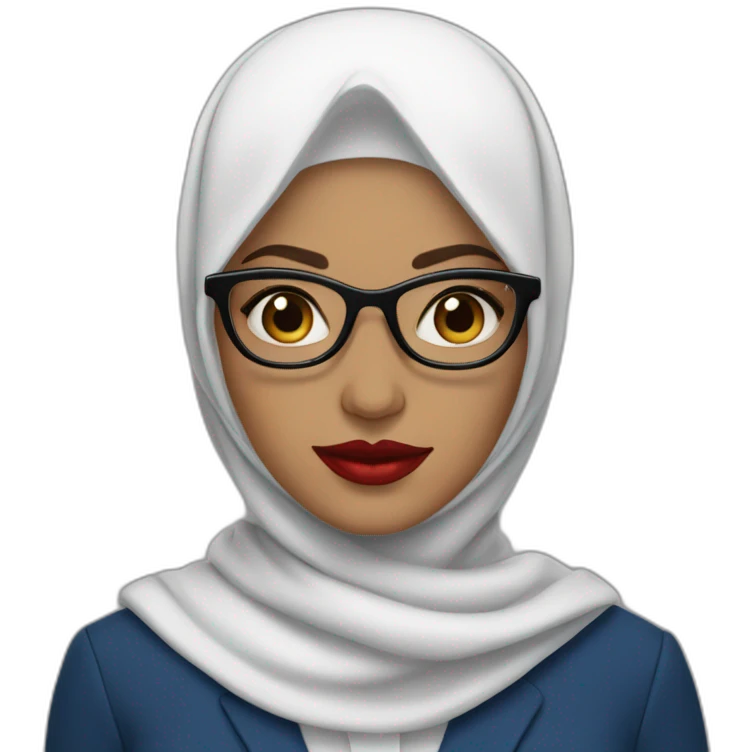 Hijabi white woman with glasses and dark brown eyes wearing a blue suit and red lipstick emoji