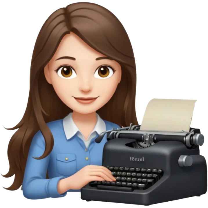 smiling white long brunette hair girl with hazel eyes typing on a typewriter emoji