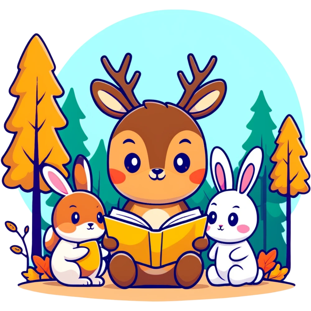 cute deer and bunny reading together in a soft autumn forest scene, sticker style emoji