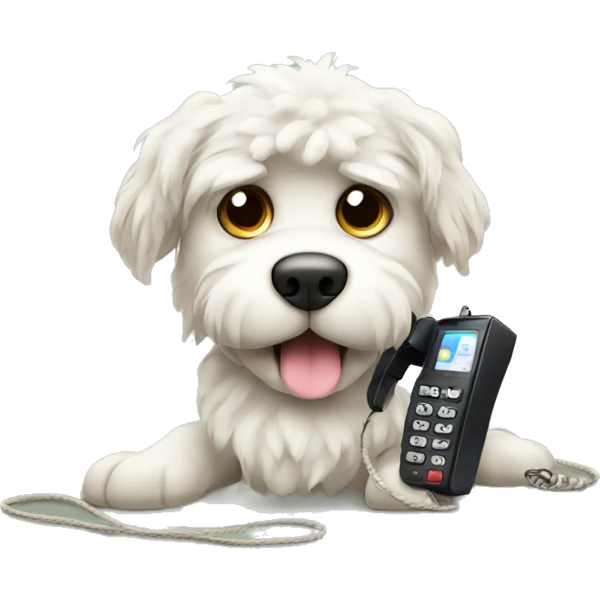 dog with corded phone. His eyebrows are raised as if to question the message he is recieving on the phone. His fur is a bit more ruffled emoji