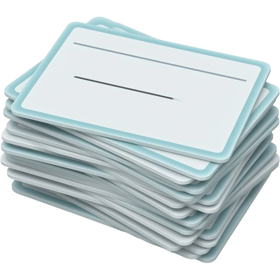 Conjunto de cartões de estudo organizados em pilha, com o cartão frontal exibindo conteúdo simplificado (linhas ou pergunta), enquanto os demais aparecem parcialmente atrás. Simboliza aprendizagem ativa, repetição espaçada e técnicas modernas de memorização. emoji