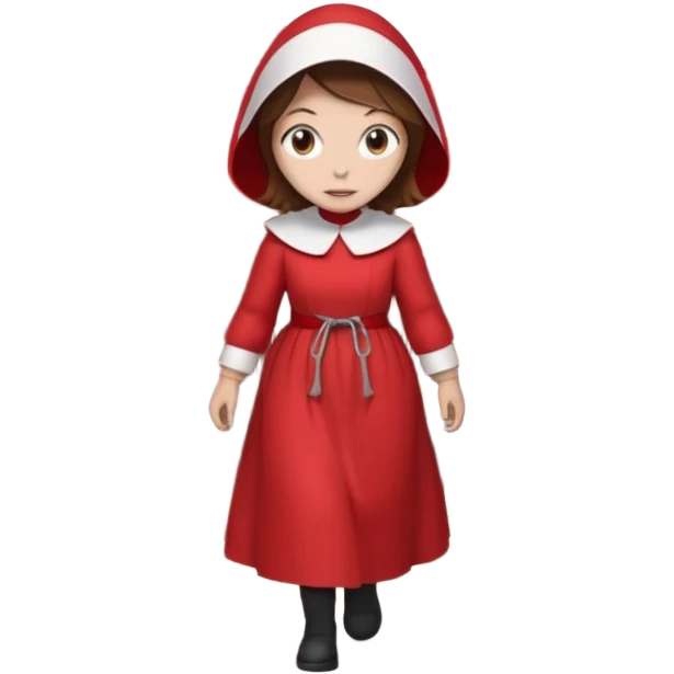 handmaids tale style woman burning house down walking away from house. shes wearing the nun hands maid tale hat cant see her face with brown hair shes wearing the red handmaids tale costume with white bonnet. walking away from the house emoji