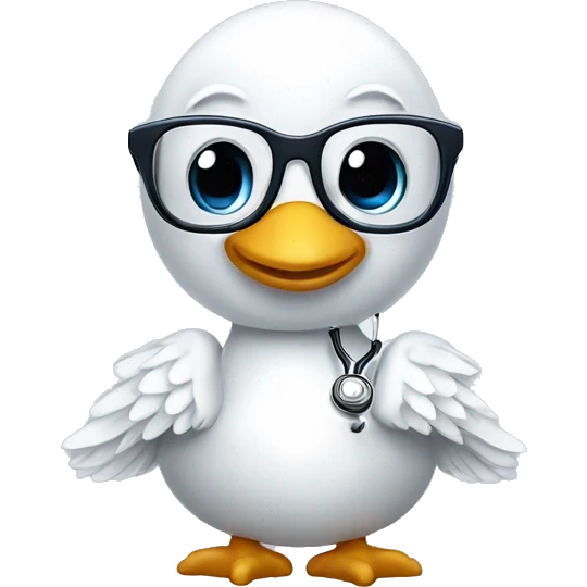 a swan with wings dressed as a clinician with glasses and a stethoscope emoji