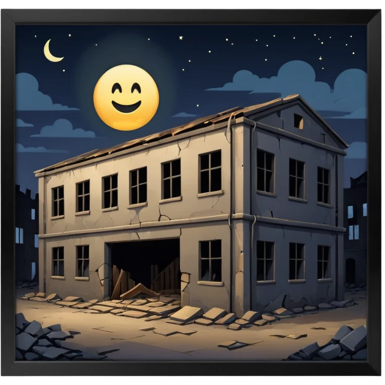 cinematic realistic ultra HD - a warehouse in a secluded place, at night with broken walls emoji