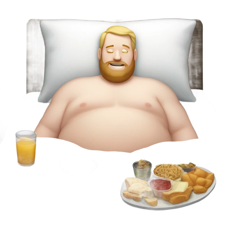 Fat guy with white skin in bed eating food emoji