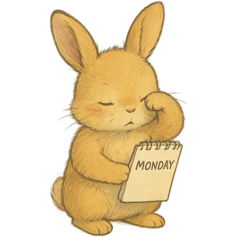 yellow bunny holding Monday memo while rubbing eyes, soft, detailed, ghibli style emoji