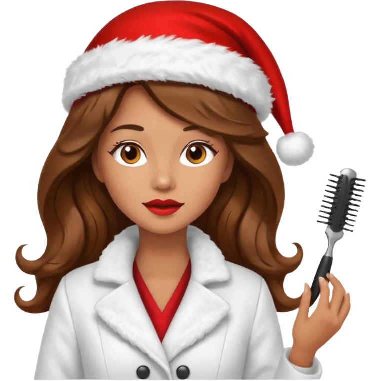 mujer peinandose en la peluqueria y con un gorro de navidad, cabello largo café y ondulado emoji