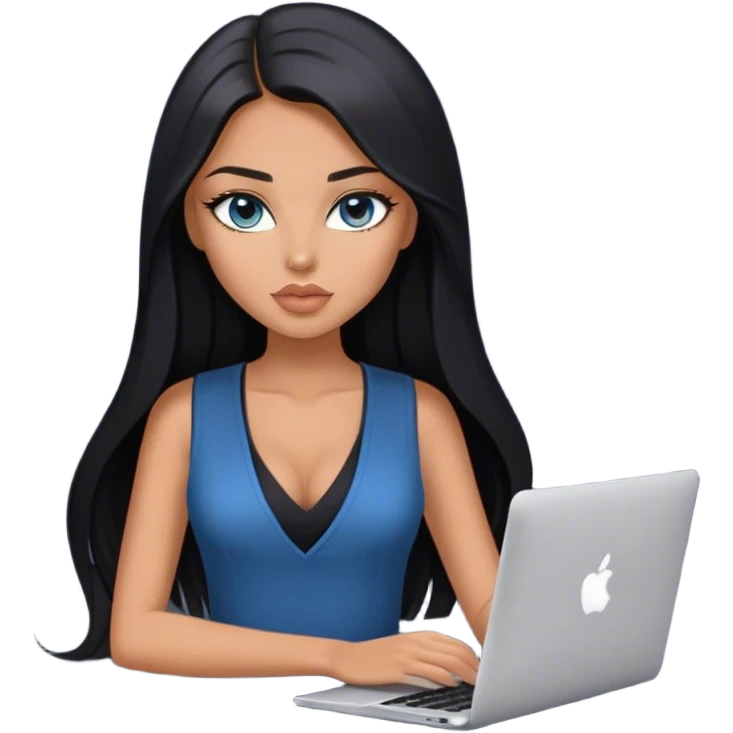 Glamours tanned very beautiful girl with pump peach nude lips and black straight smooth long hair, blue-grey eyes in beautiful black  v-neck vest from the suit (short sleeves) no blazer and no anything under the vest, only vest with MacBook emoji