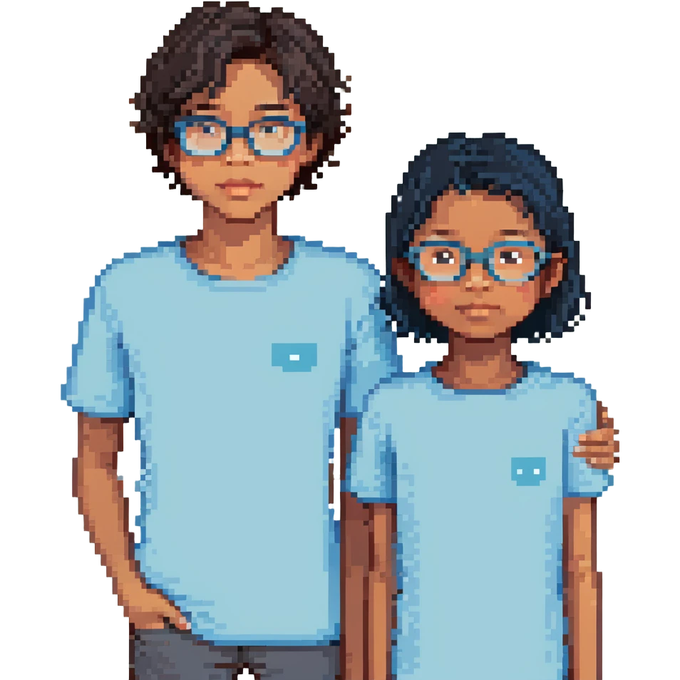 a light brown girl with black medium hair, clear glasses, wearing a light blue top, and a light blue boy next to her emoji