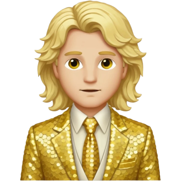 Apollo from Greek Mythology with long blonde wavy hair, ivory sequin suit jacket and tie, yellow shirt emoji