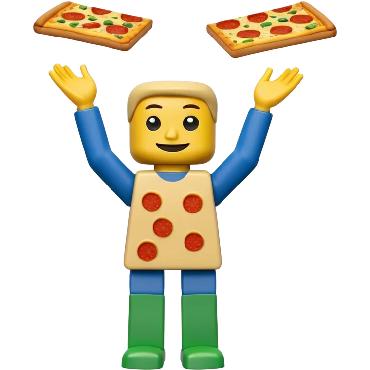 Minifigure: yellow square head  blue square troso rectangular yellow arms and green legs with a pizza on the head emoji