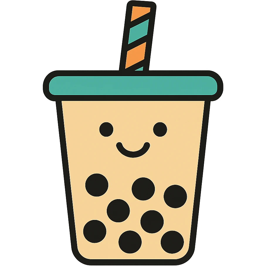 beige bubble tea with black bubbles, smiling cup, iconic style, transparent background emoji