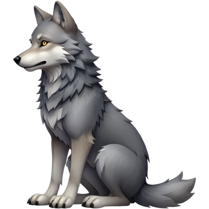cinematic-[wolf]-realistic-full-body-sitting-emoji,-tail-resting-loosely-beside-its-paws,-head-tilted-dramatically, -scruffy-[grey]-fur,-simplified-yet-realistic-focused-features,-highly-detailed,-glowing-with-an-almost-sarcastic-glow emoji