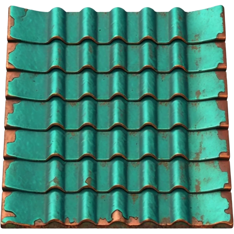 3D render of Roof Tile, heavily oxidized copper texture, verdigris patina, Aged green copper shingle, weathered bronze aesthetic, ancient decay, emoji style, isolated on white background --v 6.0. emoji