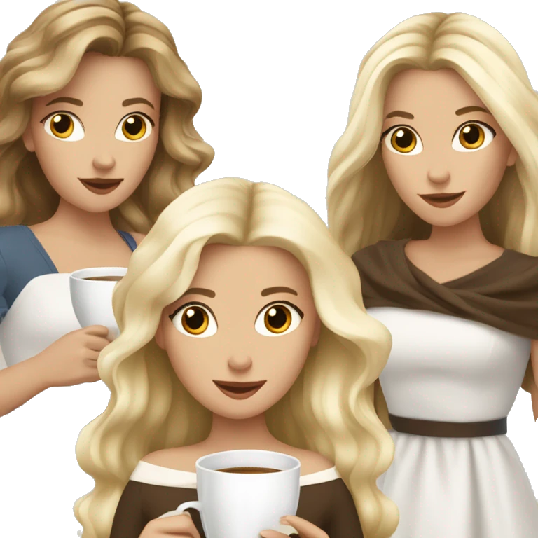 Four beautiful white european girls, one with blond hair and two dark blond hair in dresses drinking coffee  emoji