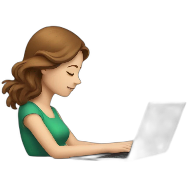 White woman with brown hair resting head on arms looking at a laptop emoji