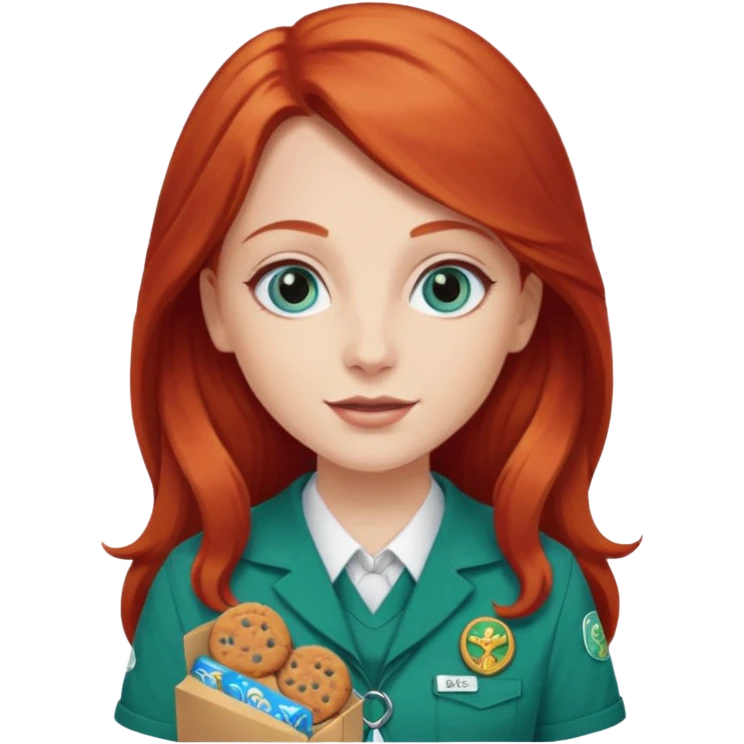 white girl scout with red long hair selling cookie at Wendy’s big emoji
