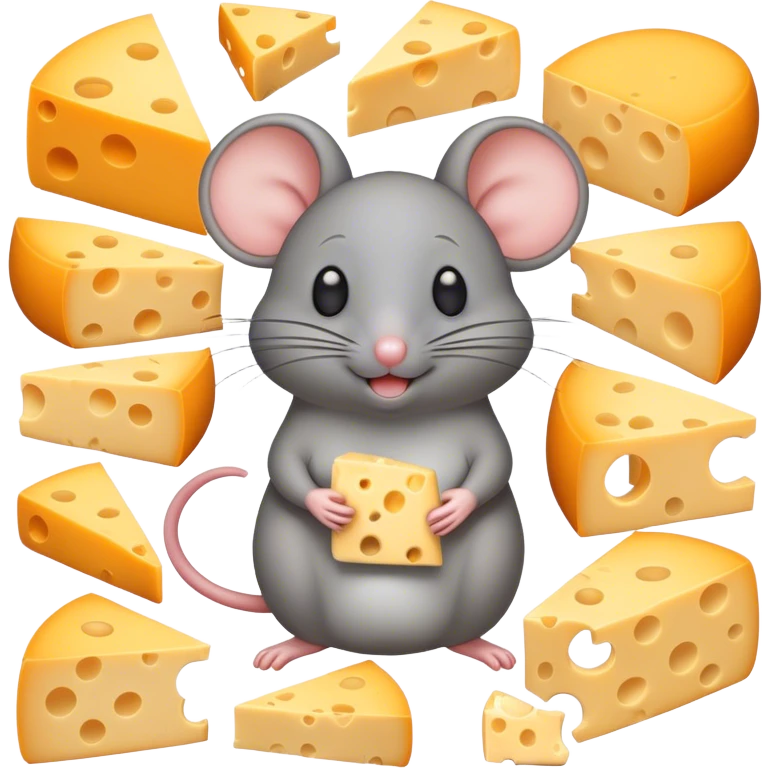 Gray mouse surrounded by lots and lots and lots of cheese emoji