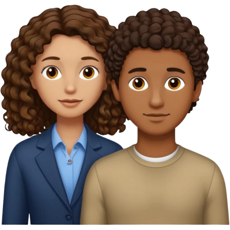 white male with short, straight, medium brown hair, shorter mixed toned woman with long curly dark brown hair, relationship emoji