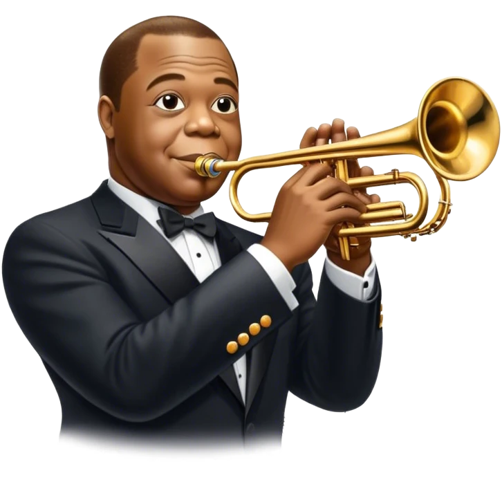 Icon for Jazz Music: Louis Armstrong with his trumpet in front of a jazz orchestra. Include musical instruments like a saxophone, trumpet, and piano, with floating musical notes around. The design should capture the smooth and soulful vibe of jazz. Transparent background. emoji