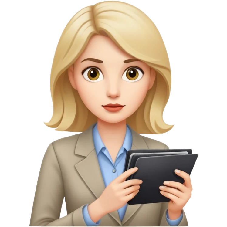 white woman reporter examining pictures, holding photos, curious look emoji