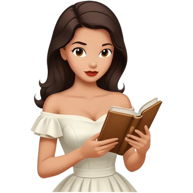 Beautiful woman in 1950’s woman fashion look, off-shoulder white dress, long dark brown hair, reading  emoji
