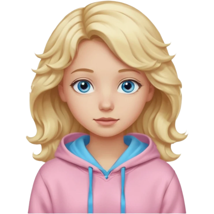 Generate a blonde girl with blue eyes with wavy hair in a pastel pink hoodie  emoji