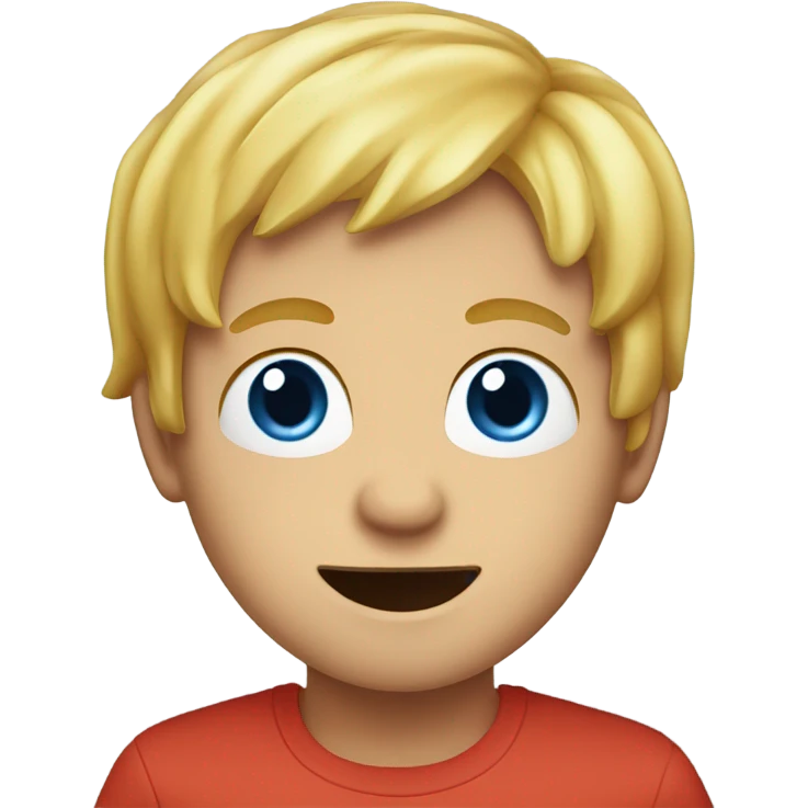 A blond hair boy with blue eyes eating a fruit roll up emoji