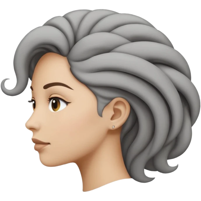 Minimalist emoji-style sticker of a woman’s head in profile, her hair spiraling into a vortex shape. Desaturated black and gray tones, emoji proportions.
 emoji